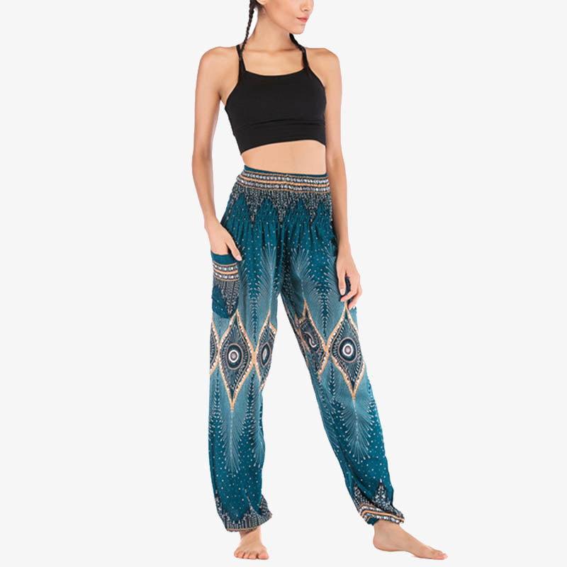 Buddha Stones Small Eye Peacock Feathers Pattern Loose Smocked Harem Trousers High Waist Women's Yoga Pants - image 31