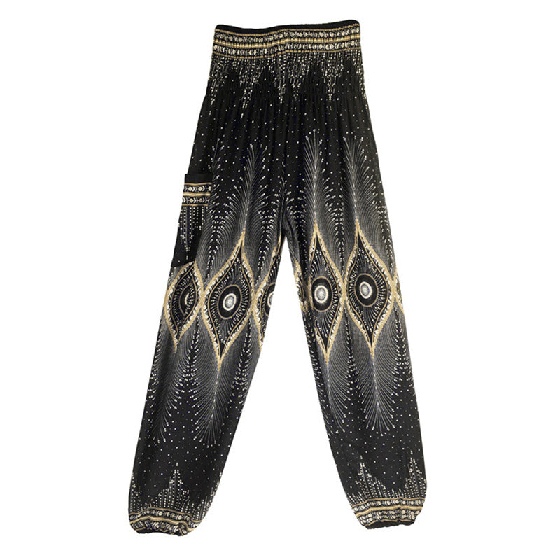 Buddha Stones Small Eye Peacock Feathers Pattern Loose Smocked Harem Trousers High Waist Women's Yoga Pants - image 16