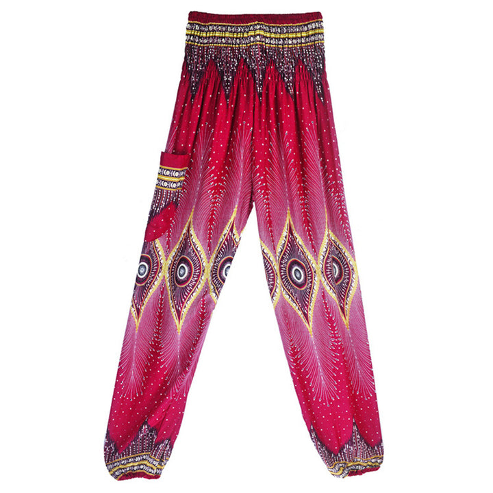 Buddha Stones Small Eye Peacock Feathers Pattern Loose Smocked Harem Trousers High Waist Women's Yoga Pants - image 5