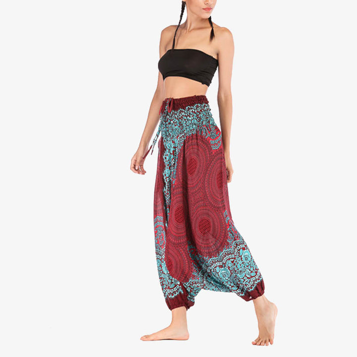 Buddha Stones Two Style Wear Round Geometric Pattern Loose Smocked Harem Trousers Jumpsuit High Waist Women's Yoga Pants