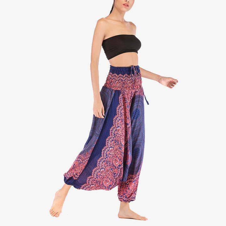 Buddha Stones Two Style Wear Round Geometric Pattern Loose Smocked Harem Trousers Jumpsuit High Waist Women's Yoga Pants