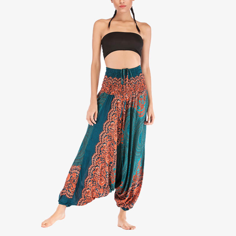 Buddha Stones Two Style Wear Round Geometric Pattern Loose Smocked Harem Trousers Jumpsuit High Waist Women's Yoga Pants