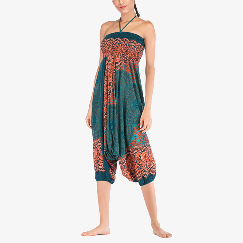 Buddha Stones Two Style Wear Round Geometric Pattern Loose Smocked Harem Trousers Jumpsuit High Waist Women's Yoga Pants