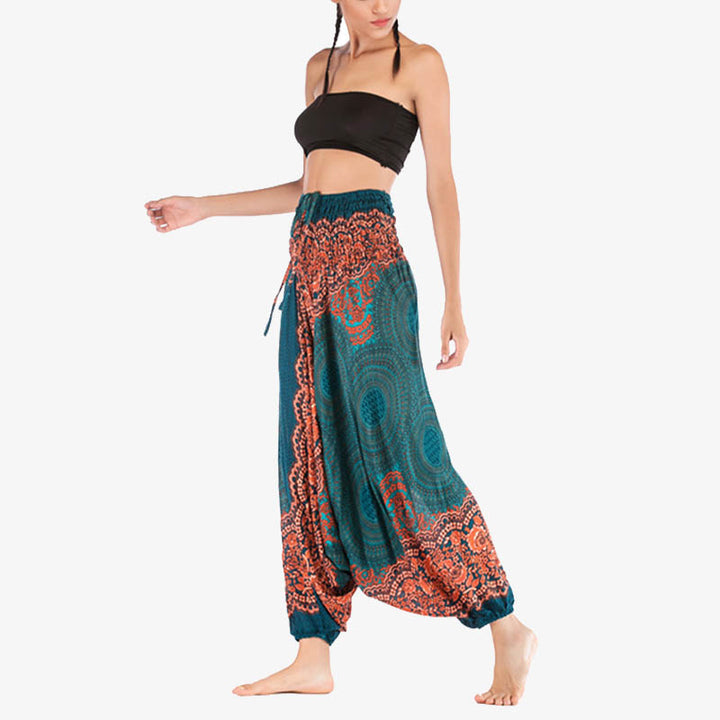 Buddha Stones Two Style Wear Round Geometric Pattern Loose Smocked Harem Trousers Jumpsuit High Waist Women's Yoga Pants