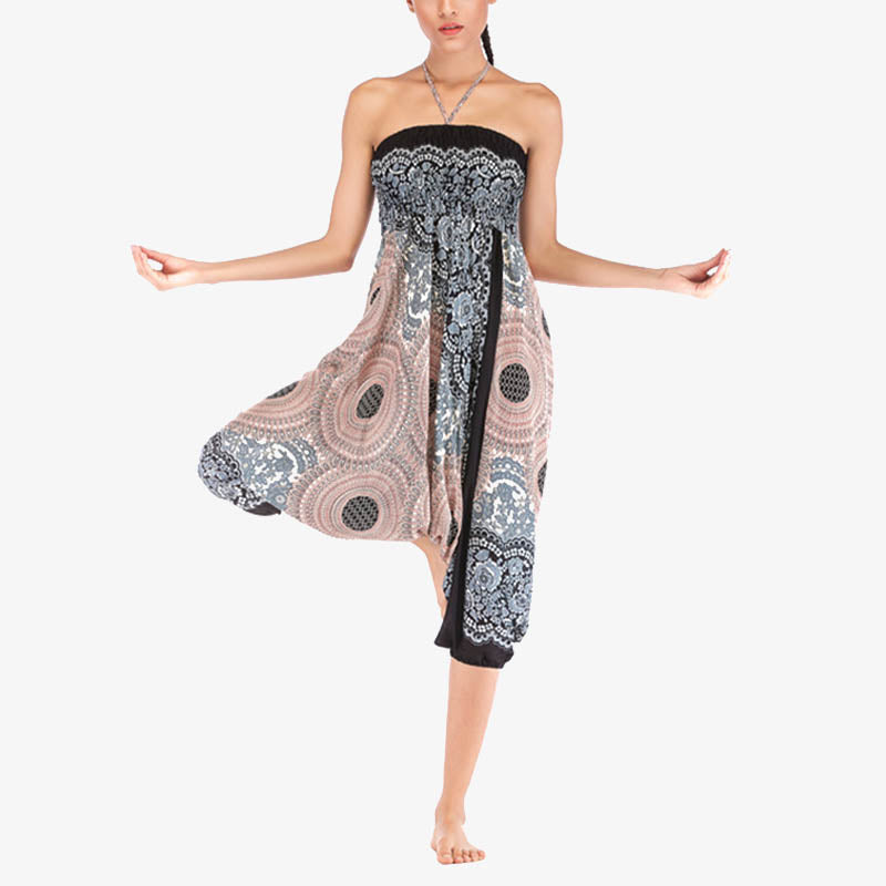 Buddha Stones Two Style Wear Round Geometric Pattern Loose Smocked Harem Trousers Jumpsuit High Waist Women's Yoga Pants