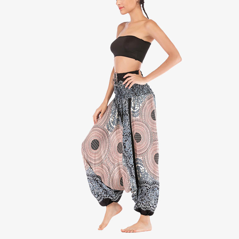 Buddha Stones Two Style Wear Round Geometric Pattern Loose Smocked Harem Trousers Jumpsuit High Waist Women's Yoga Pants