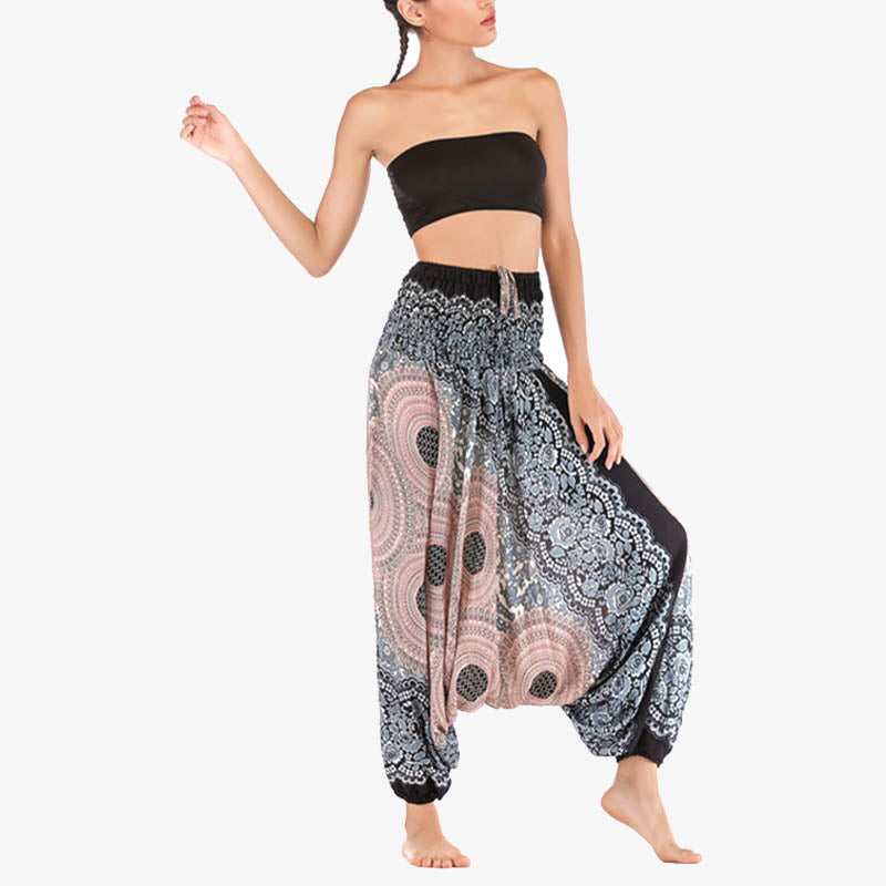 Buddha Stones Two Style Wear Round Geometric Pattern Loose Smocked Harem Trousers Jumpsuit High Waist Women's Yoga Pants - image 33