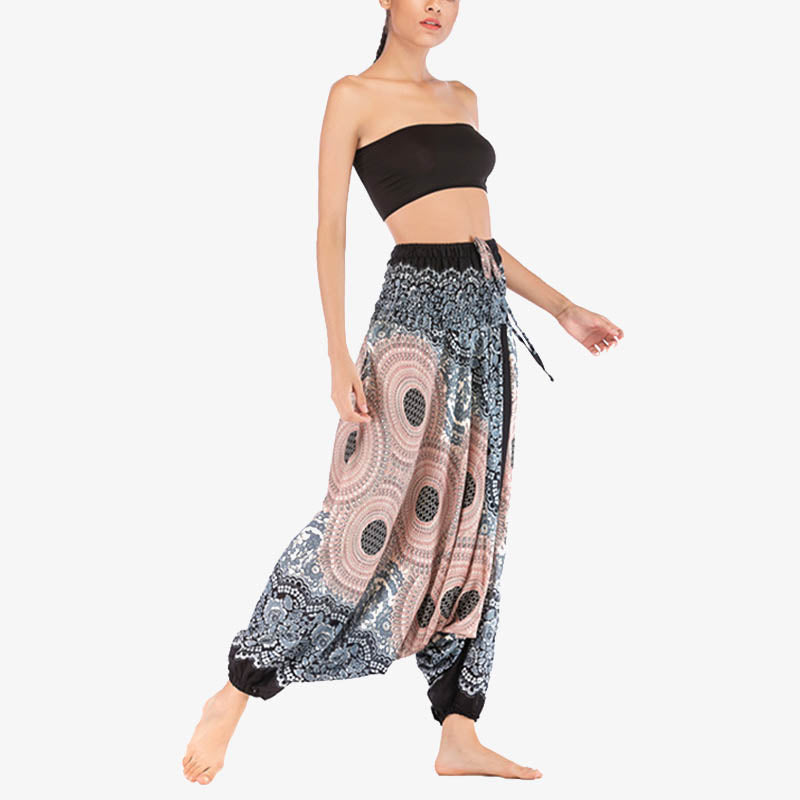 Buddha Stones Two Style Wear Round Geometric Pattern Loose Smocked Harem Trousers Jumpsuit High Waist Women's Yoga Pants