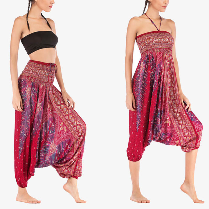 Buddha Stones Two Style Wear Feathers Geometric Pattern Loose Smocked Trousers Jumpsuit Women's Yoga Pants - Wine Red Peacock - US2-12，UK/AU6-16，EU34-44 (F) - image 1