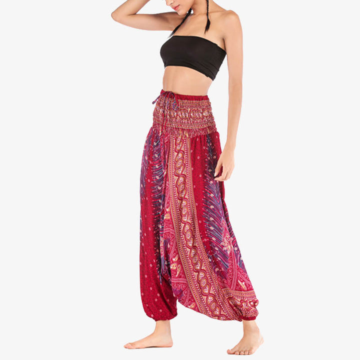 Buddha Stones Two Style Wear Feathers Geometric Pattern Loose Smocked Trousers Jumpsuit Women's Yoga Pants - image 4