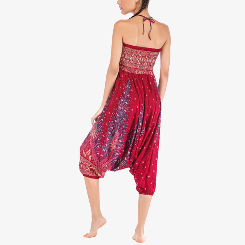 Buddha Stones Two Style Wear Feathers Geometric Pattern Loose Smocked Trousers Jumpsuit Women's Yoga Pants - image 9