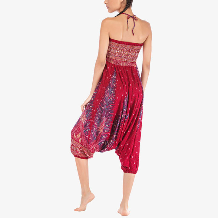 Buddha Stones Two Style Wear Feathers Geometric Pattern Loose Smocked Trousers Jumpsuit Women's Yoga Pants - image 9