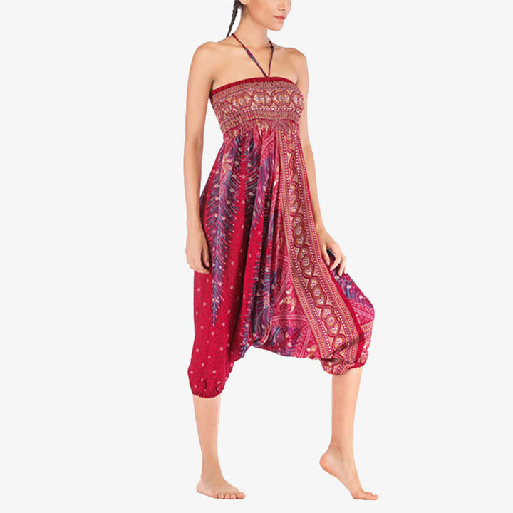 Buddha Stones Two Style Wear Feathers Geometric Pattern Loose Smocked Trousers Jumpsuit Women's Yoga Pants - image 7