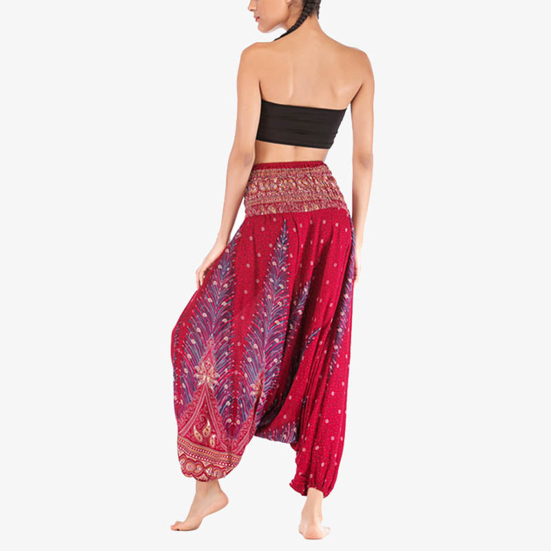 Buddha Stones Two Style Wear Feathers Geometric Pattern Loose Smocked Trousers Jumpsuit Women's Yoga Pants - image 6