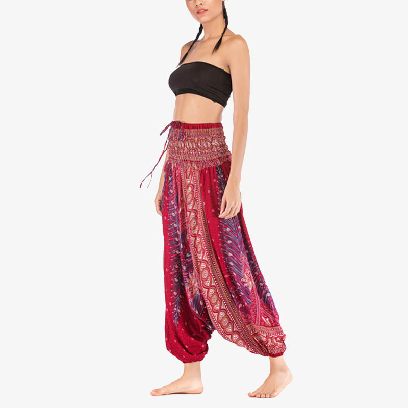Buddha Stones Two Style Wear Feathers Geometric Pattern Loose Smocked Trousers Jumpsuit Women's Yoga Pants - image 5