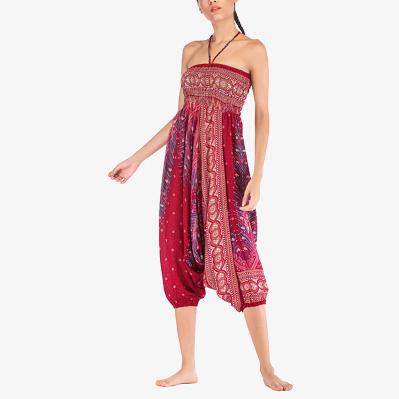 Buddha Stones Two Style Wear Feathers Geometric Pattern Loose Smocked Trousers Jumpsuit Women's Yoga Pants - image 8
