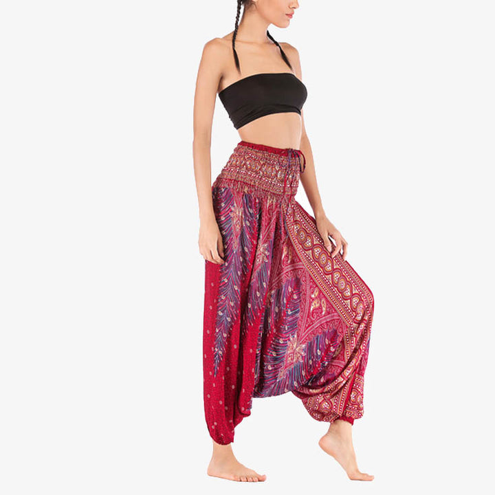 Buddha Stones Two Style Wear Feathers Geometric Pattern Loose Smocked Trousers Jumpsuit Women's Yoga Pants - image 3
