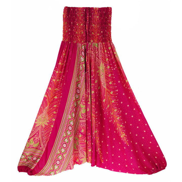 Buddha Stones Two Style Wear Feathers Geometric Pattern Loose Smocked Trousers Jumpsuit Women's Yoga Pants - Rose Red Peacock - US2-12，UK/AU6-16，EU34-44 (F) - image 11