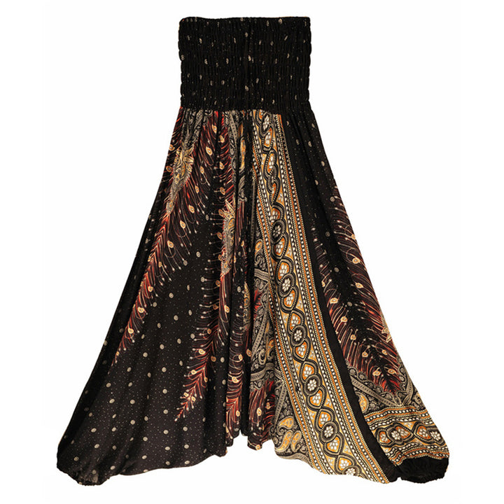 Buddha Stones Two Style Wear Feathers Geometric Pattern Loose Smocked Trousers Jumpsuit Women's Yoga Pants - Black Peacock - US2-12，UK/AU6-16，EU34-44 (F) - image 19
