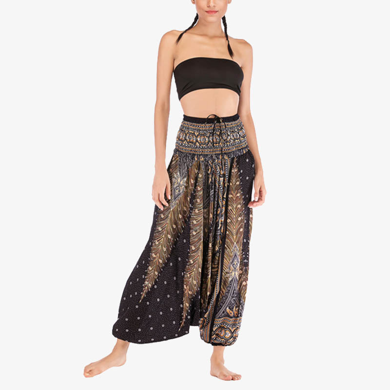Buddha Stones Two Style Wear Feathers Geometric Pattern Loose Smocked Trousers Jumpsuit Women's Yoga Pants - image 24