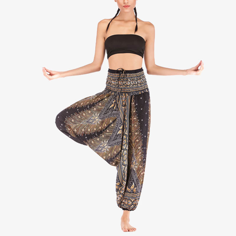 Buddha Stones Two Style Wear Feathers Geometric Pattern Loose Smocked Trousers Jumpsuit Women's Yoga Pants - image 20