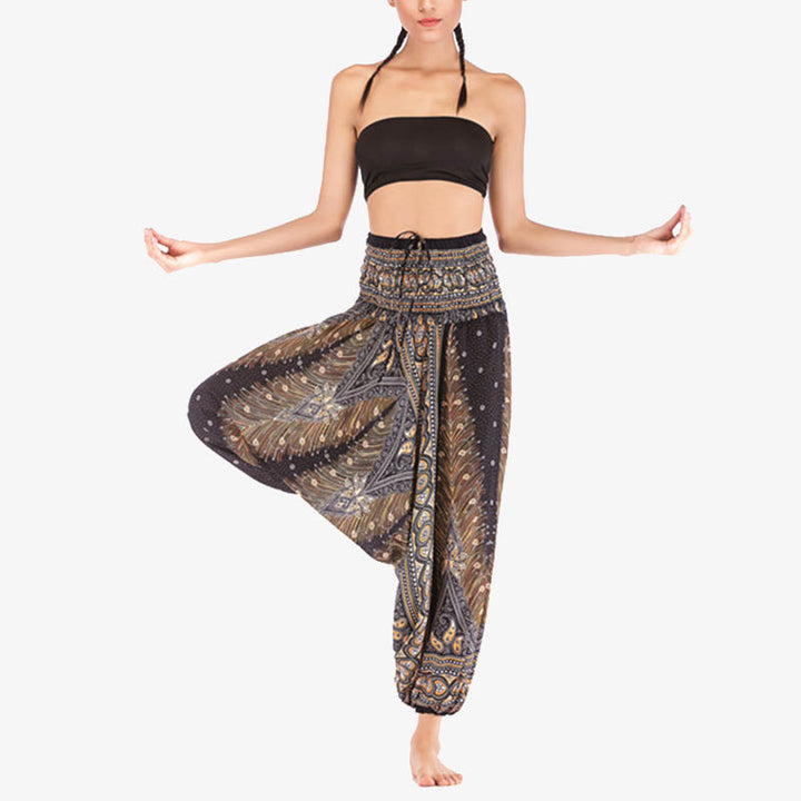 Buddha Stones Two Style Wear Feathers Geometric Pattern Loose Smocked Trousers Jumpsuit Women's Yoga Pants - image 20