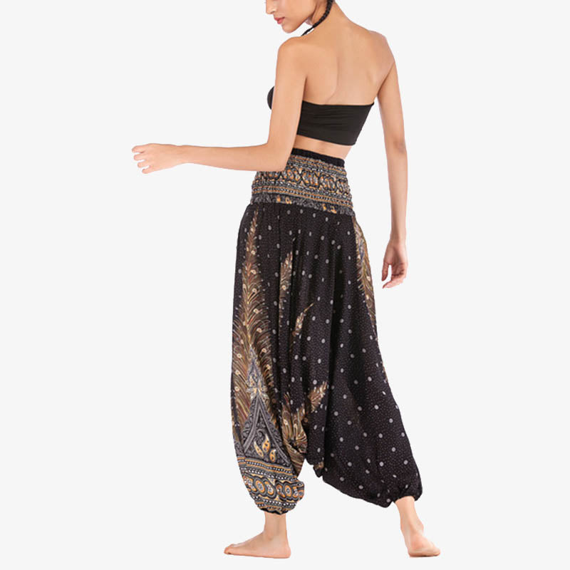 Buddha Stones Two Style Wear Feathers Geometric Pattern Loose Smocked Trousers Jumpsuit Women's Yoga Pants - image 23