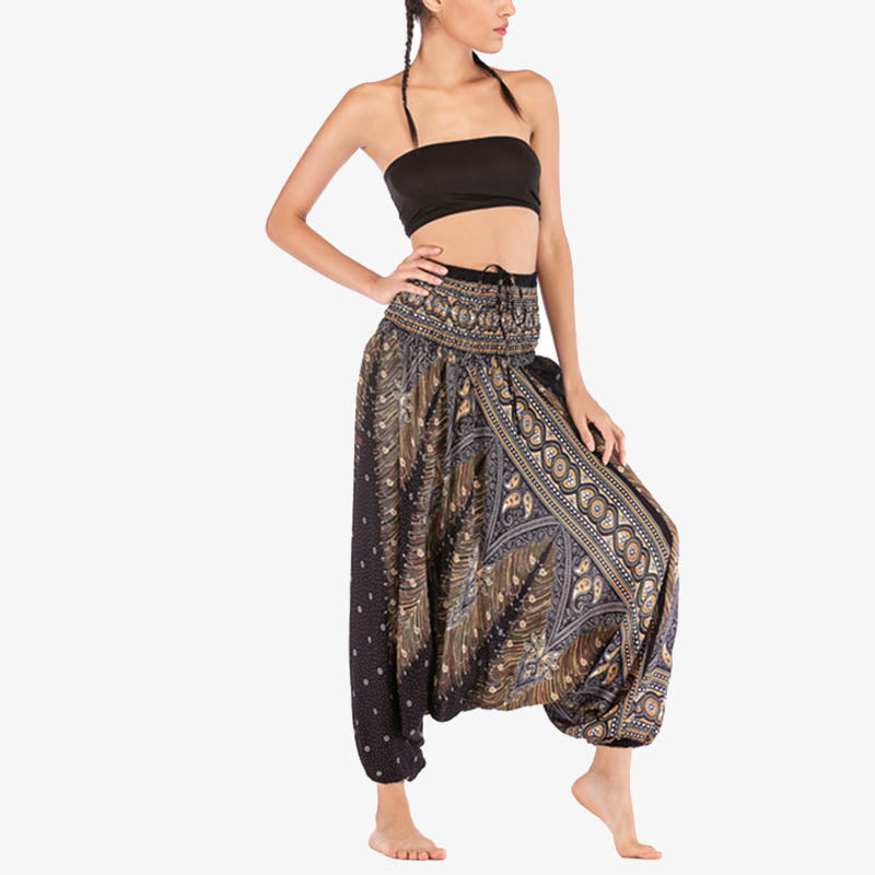 Buddha Stones Two Style Wear Feathers Geometric Pattern Loose Smocked Trousers Jumpsuit Women's Yoga Pants - image 21