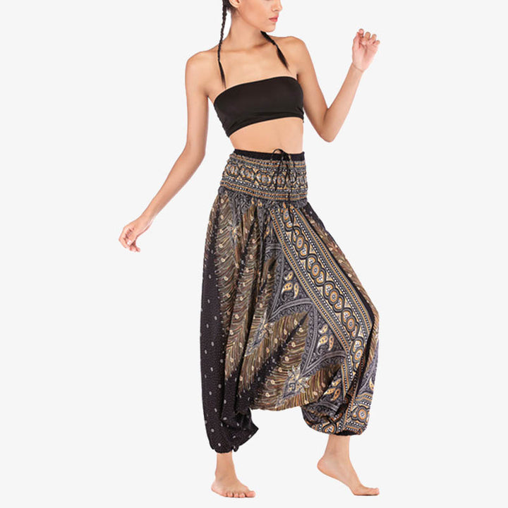Buddha Stones Two Style Wear Feathers Geometric Pattern Loose Smocked Trousers Jumpsuit Women's Yoga Pants - image 22