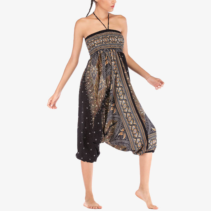 Buddha Stones Two Style Wear Feathers Geometric Pattern Loose Smocked Trousers Jumpsuit Women's Yoga Pants - image 25