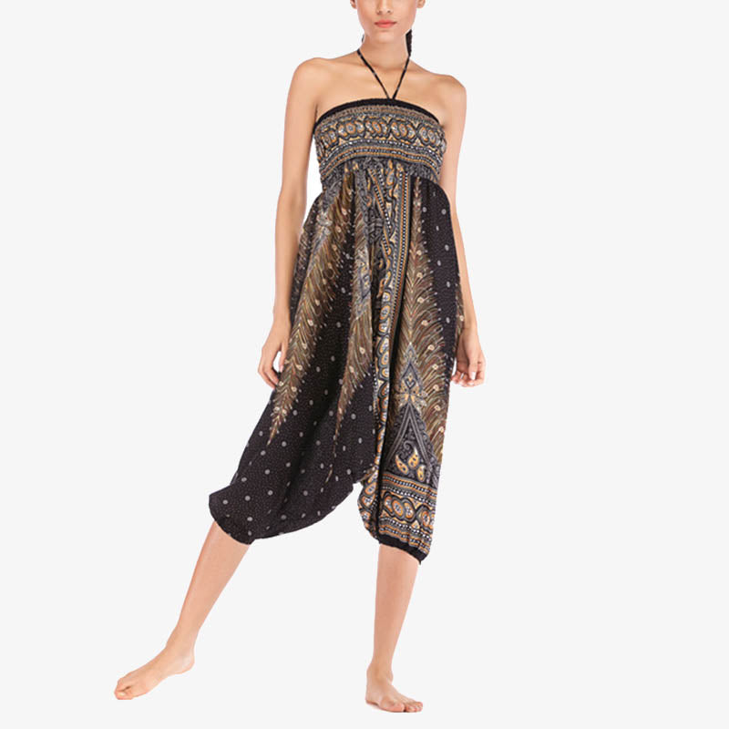 Buddha Stones Two Style Wear Feathers Geometric Pattern Loose Smocked Trousers Jumpsuit Women's Yoga Pants - image 25