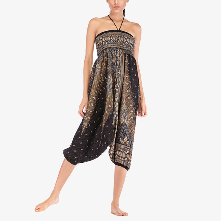 Buddha Stones Two Style Wear Feathers Geometric Pattern Loose Smocked Trousers Jumpsuit Women's Yoga Pants - image 25