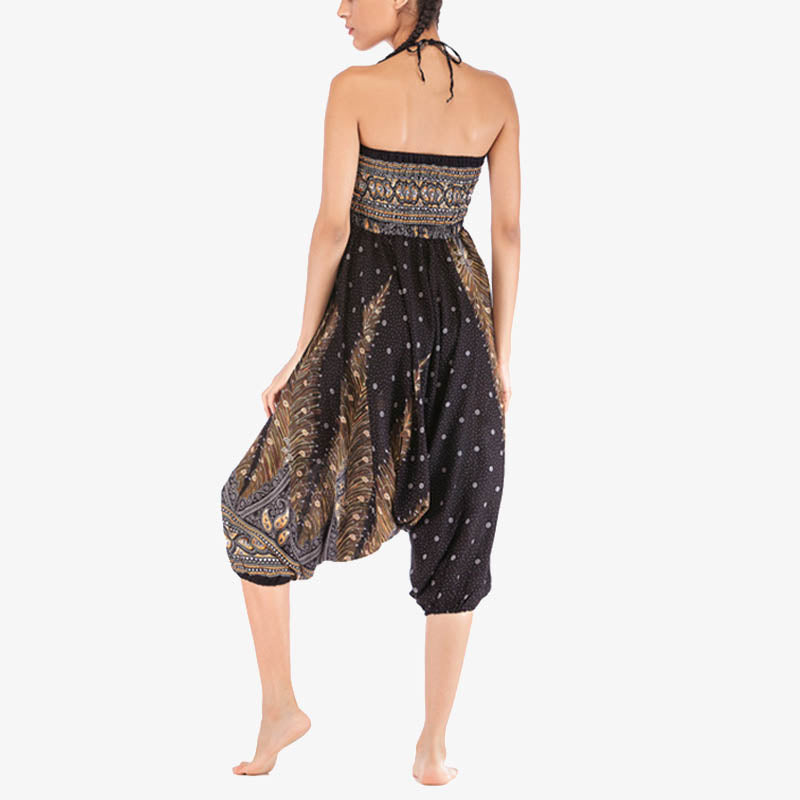 Buddha Stones Two Style Wear Feathers Geometric Pattern Loose Smocked Trousers Jumpsuit Women's Yoga Pants - image 27
