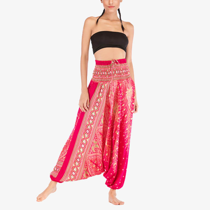 Buddha Stones Two Style Wear Feathers Geometric Pattern Loose Smocked Trousers Jumpsuit Women's Yoga Pants - image 11