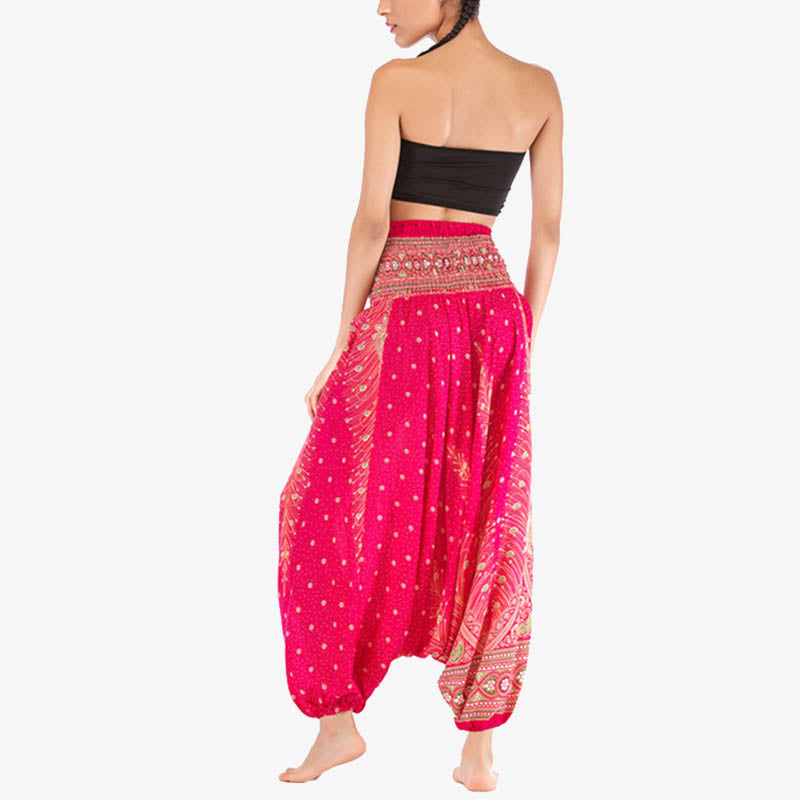 Buddha Stones Two Style Wear Feathers Geometric Pattern Loose Smocked Trousers Jumpsuit Women's Yoga Pants - image 15