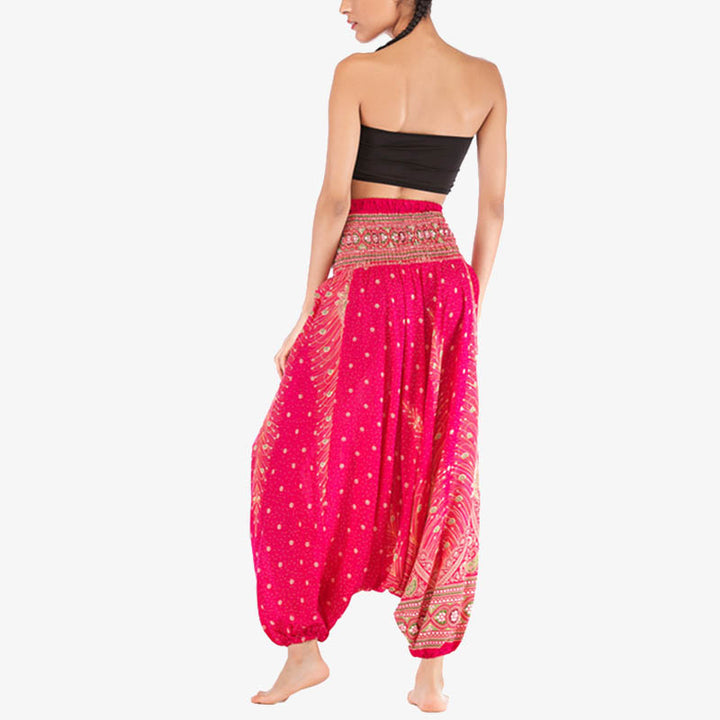 Buddha Stones Two Style Wear Feathers Geometric Pattern Loose Smocked Trousers Jumpsuit Women's Yoga Pants - image 15