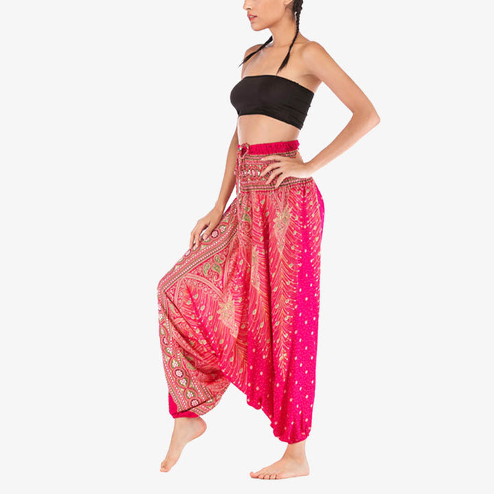 Buddha Stones Two Style Wear Feathers Geometric Pattern Loose Smocked Trousers Jumpsuit Women's Yoga Pants - image 16