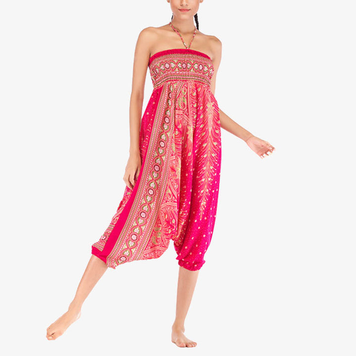 Buddha Stones Two Style Wear Feathers Geometric Pattern Loose Smocked Trousers Jumpsuit Women's Yoga Pants - image 18