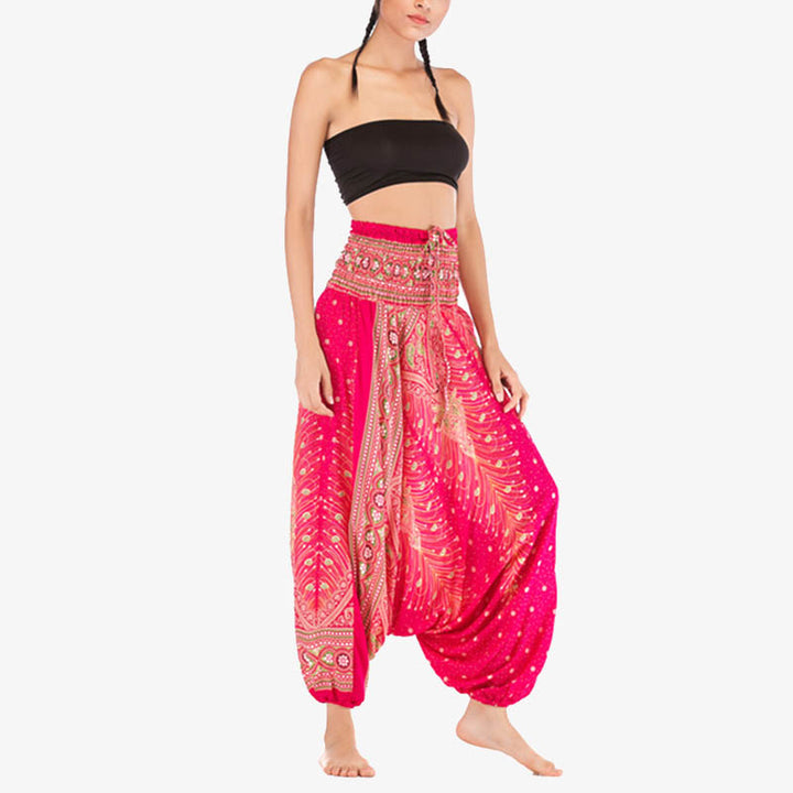Buddha Stones Two Style Wear Feathers Geometric Pattern Loose Smocked Trousers Jumpsuit Women's Yoga Pants - image 13