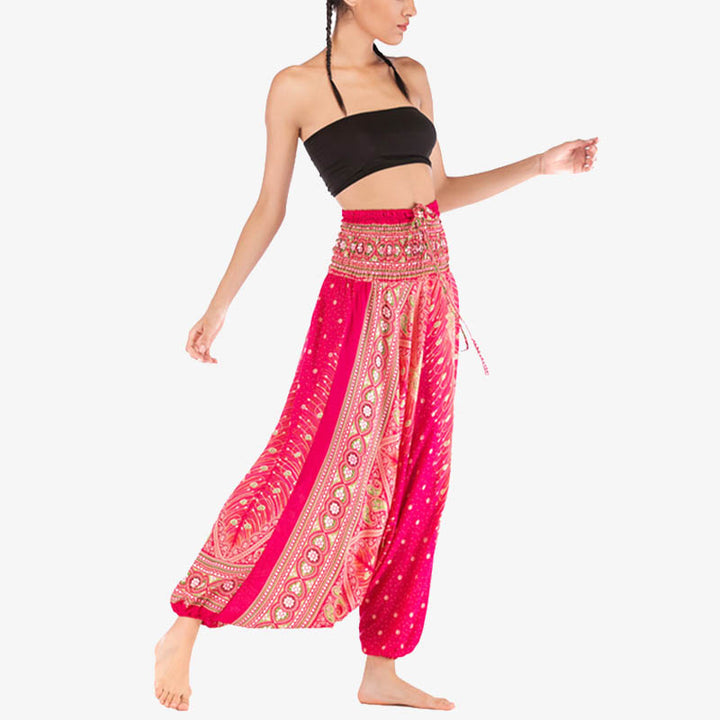 Buddha Stones Two Style Wear Feathers Geometric Pattern Loose Smocked Trousers Jumpsuit Women's Yoga Pants - image 14