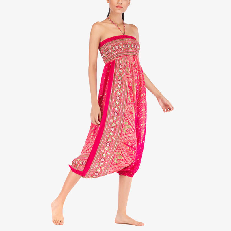 Buddha Stones Two Style Wear Feathers Geometric Pattern Loose Smocked Trousers Jumpsuit Women's Yoga Pants - image 17