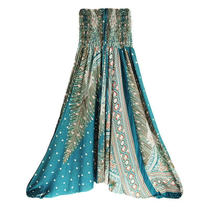 Buddha Stones Two Style Wear Feathers Geometric Pattern Loose Smocked Trousers Jumpsuit Women's Yoga Pants - Cyan Green Peacock - US2-12，UK/AU6-16，EU34-44 (F) - image 28