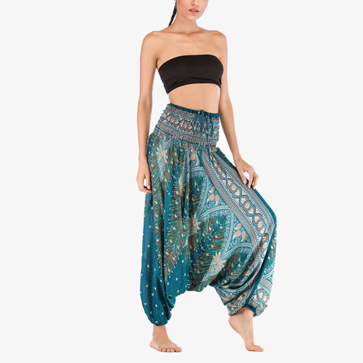 Buddha Stones Two Style Wear Feathers Geometric Pattern Loose Smocked Trousers Jumpsuit Women's Yoga Pants - image 29