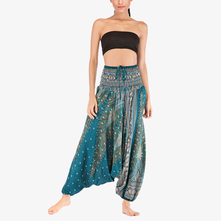 Buddha Stones Two Style Wear Feathers Geometric Pattern Loose Smocked Trousers Jumpsuit Women's Yoga Pants - image 31
