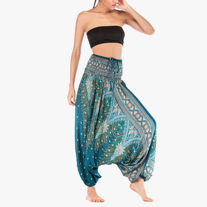 Buddha Stones Two Style Wear Feathers Geometric Pattern Loose Smocked Trousers Jumpsuit Women's Yoga Pants - image 30