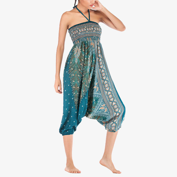 Buddha Stones Two Style Wear Feathers Geometric Pattern Loose Smocked Trousers Jumpsuit Women's Yoga Pants - image 35