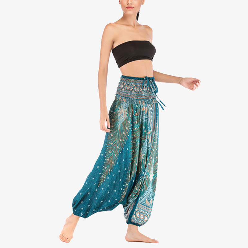 Buddha Stones Two Style Wear Feathers Geometric Pattern Loose Smocked Trousers Jumpsuit Women's Yoga Pants - image 32