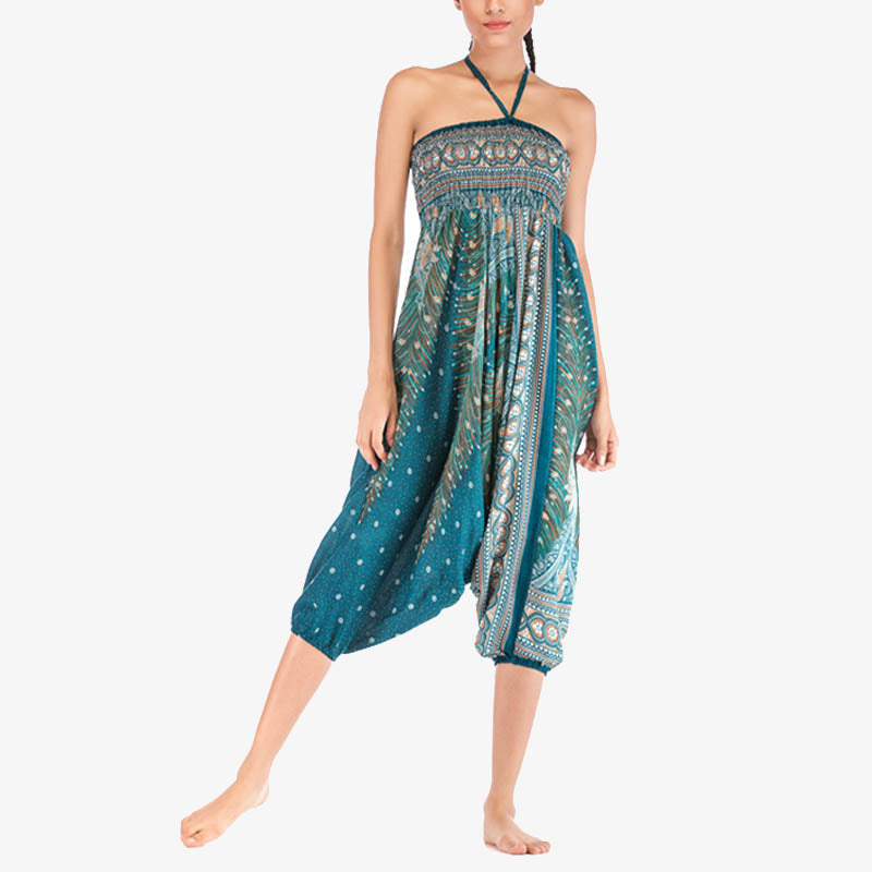 Buddha Stones Two Style Wear Feathers Geometric Pattern Loose Smocked Trousers Jumpsuit Women's Yoga Pants - image 34