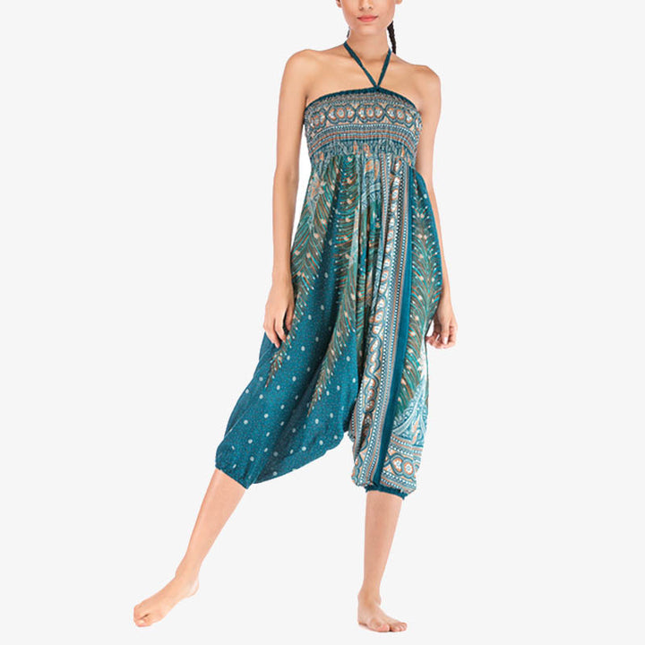 Buddha Stones Two Style Wear Feathers Geometric Pattern Loose Smocked Trousers Jumpsuit Women's Yoga Pants - image 34