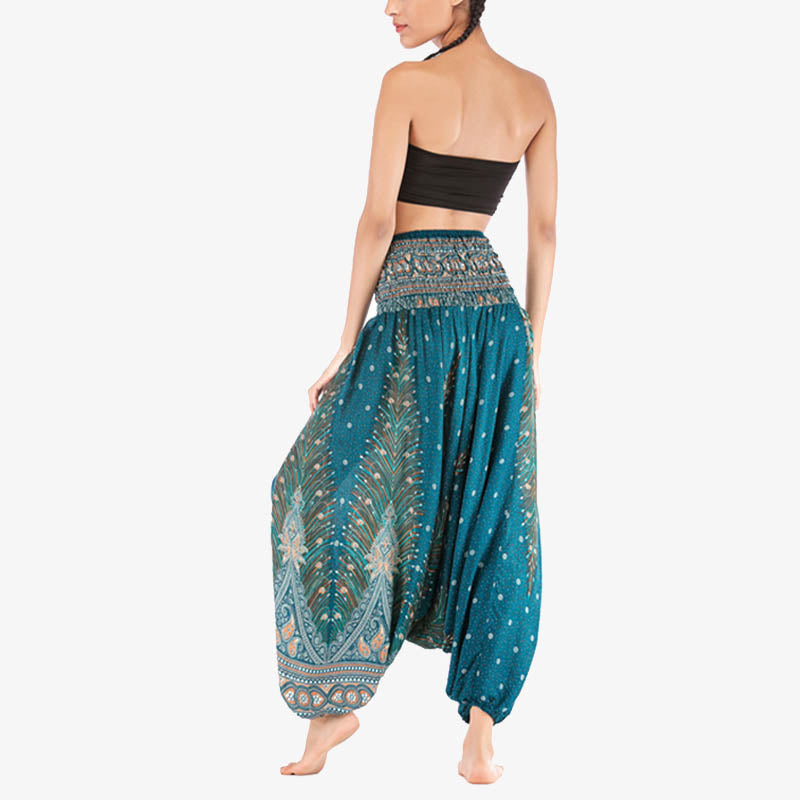 Buddha Stones Two Style Wear Feathers Geometric Pattern Loose Smocked Trousers Jumpsuit Women's Yoga Pants - image 33